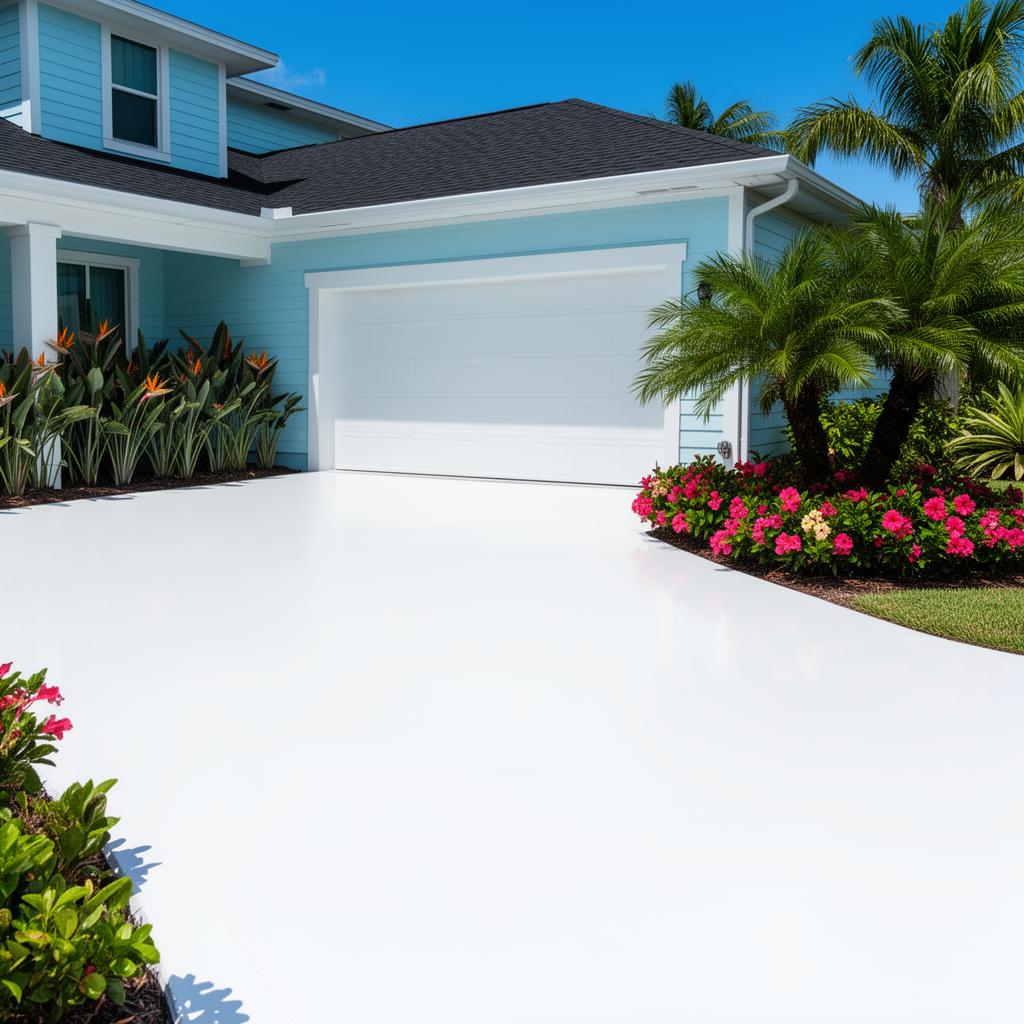 Freshly sealed bright white concrete driveway with a clean wet-look finish