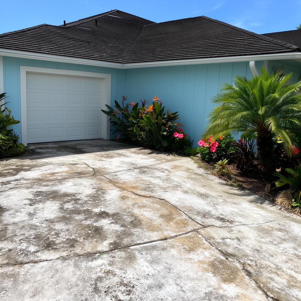 Dry, faded, dirty concrete driveway with cracks and stains before sealing