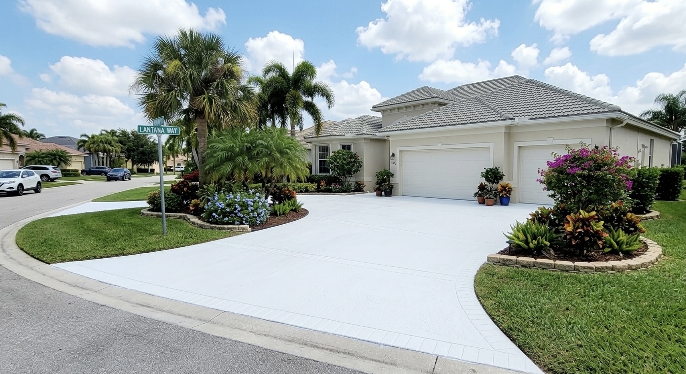 Custom-colored, sealed concrete driveway on Lantana Way with vibrant Florida landscaping