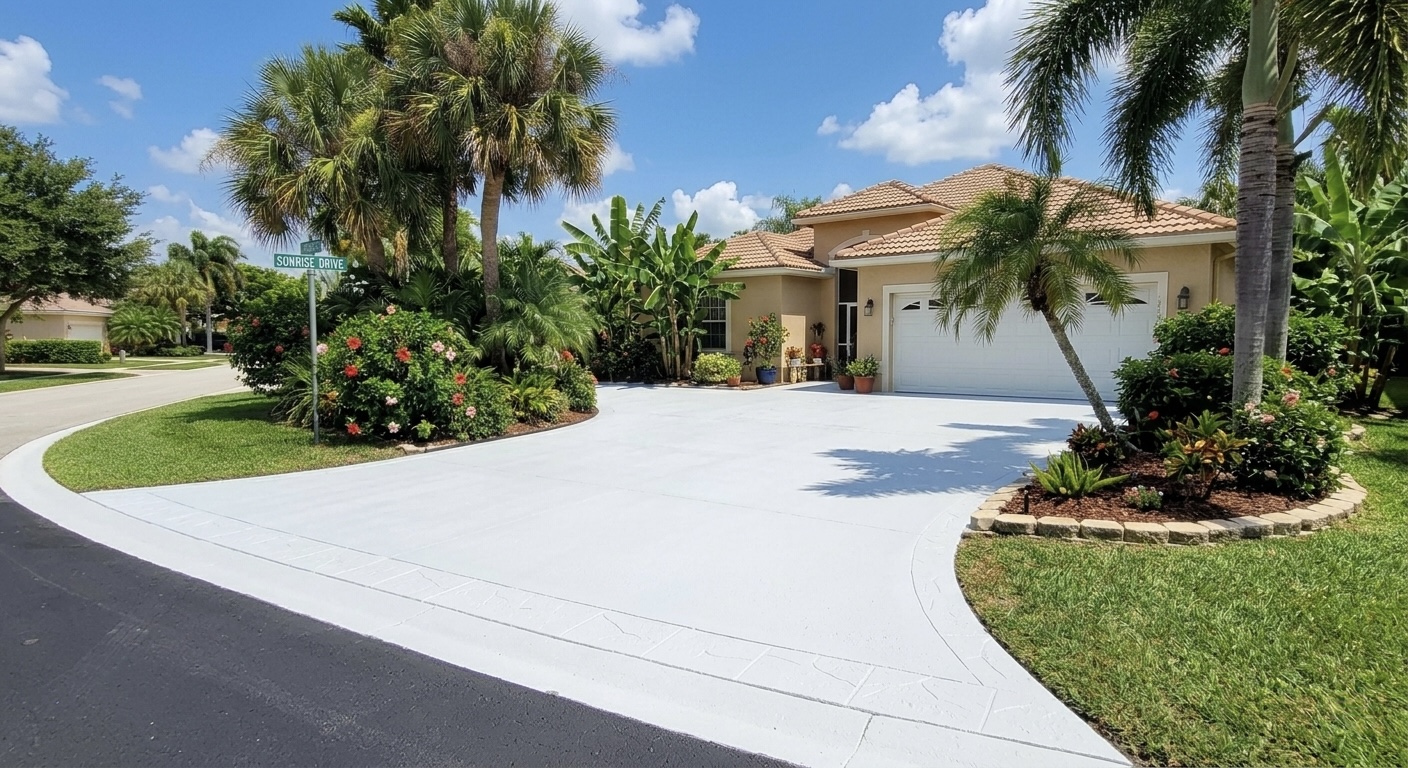 Freshly stained and sealed Florida concrete driveway with palm trees on Sonrise Drive