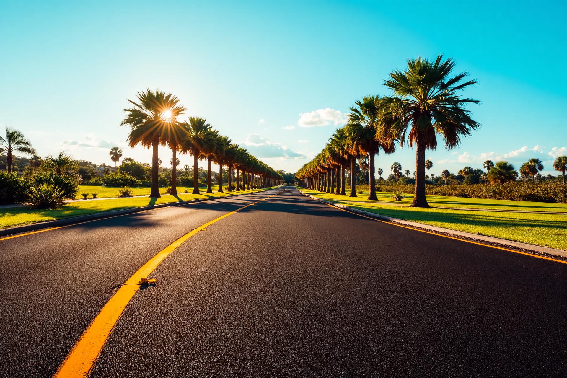 Freshly paved Florida road lined with palm trees